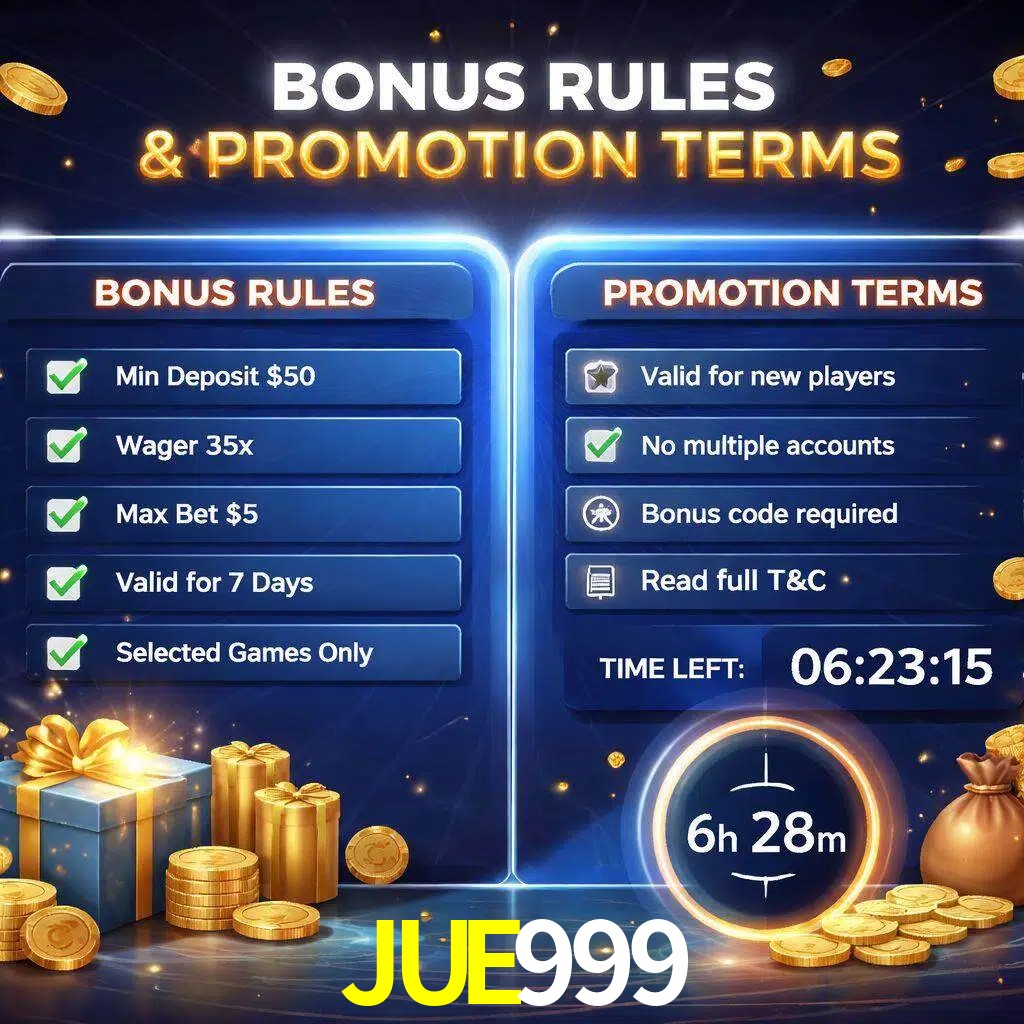 Reglas de promoción JUE999 y condiciones de bonos explicadas visualmente