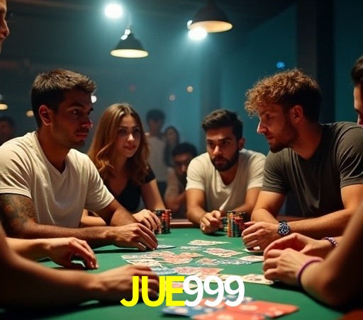 Escena dinámica inspirada en casino con iluminación JUE999, cartas, fichas e íconos de juegos digitales en un espacio moderno de juegos.